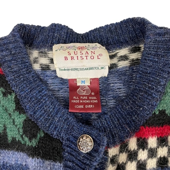 Vintage 90s Susan Bristol Pure Wool Cat Cardigan Sweater Medium - Picture 8 of 13